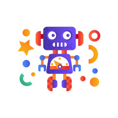 Cute funny robot, android character, artificial robotics machine vector Illustration on a white background
