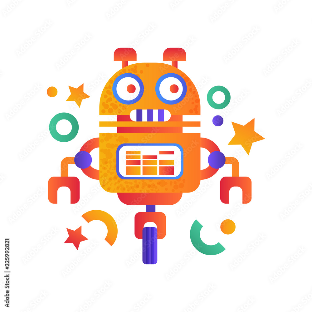 Poster cute funny robot android character, artificial robotics machine colorful vector illustration
