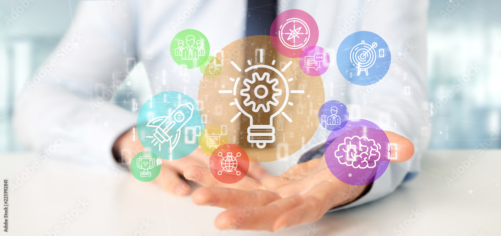 Poster cloud of colorfull start up icon bubble with data businessman holding a binary 3d rendering