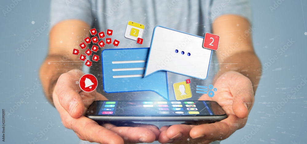 Poster businessman holding message and notifications of social media 3d rendering