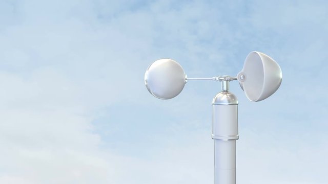 Modern anemometer with clouds in background. Loop ready animation of device used for measuring wind speed.