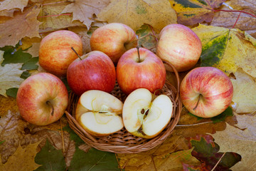 Red and yellow apples in a basket on a background of autumn leaves. One cut in half.