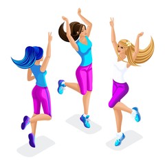 6777005 Isometric of a girl friend, fitness jumping, running around, front and back view, beautiful hairstyles for sports, clothes and sneakers set 1