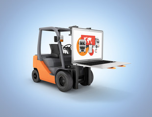 Concept logistics of loading and delivery The forklift lifts the laptop isolated on blue gradient background 3d