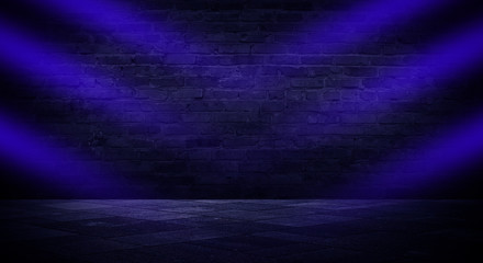 Background of empty room with brick wall and concrete floor. Smoke, fog, neon light