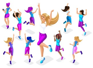 6777012 Isometric of a big girl athlete against a background of small, fitness jumping, running around, front and back view, colorful clothes and sneakers playing1