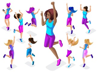 6777014 Isometric of a big girl athlete against a background of small, fitness jumping, running around, front and back view, colorful clothes and sneakers playing4