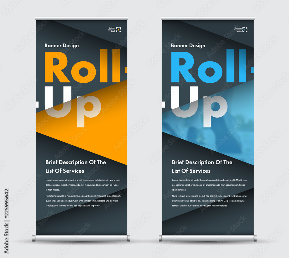 Poster Design vector yellow, blue and black roll-up banner with intersecting triangles and space for a photo.