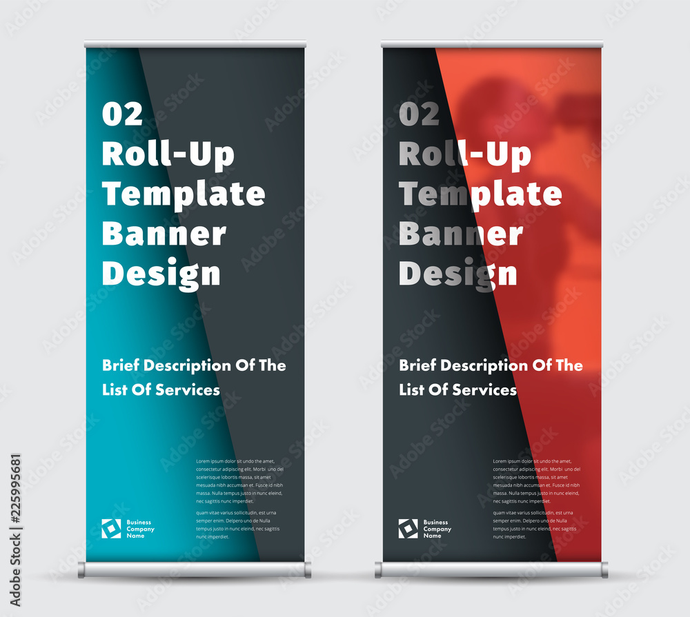 Poster modern roll-up banner design with space for photos, blue, red and black diagonal elements with shado