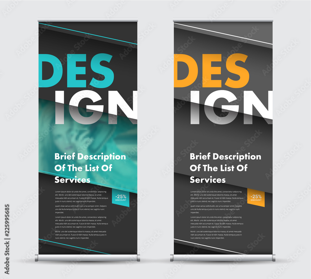 Poster Template vector roll-up banner with diagonal elements at different heights and space for photos.