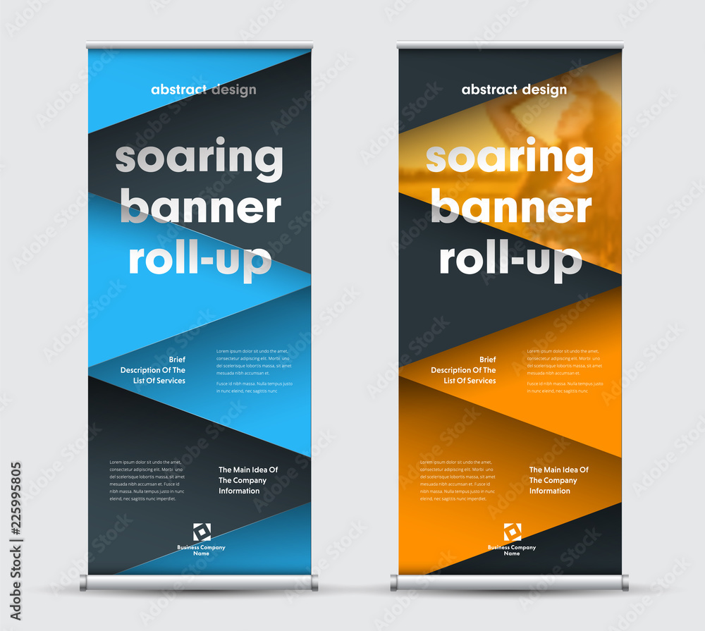 Aufkleber set of vector roll-up banners with intersecting black, yellow and blue triangles and a place for a p