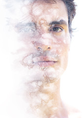 Paintography. Double exposure of an attractive model combined with hand drawn ink paintings with depth and texture