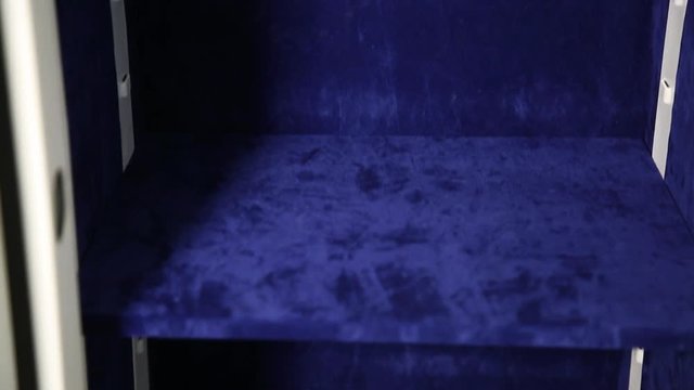 Safe inside. View of internal section of the safe. The cell is covered with special velvety soft material. It is partially visible an external part of the safe.