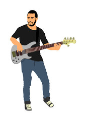 Guitarist player vector illustration isolated on white background. Popular music super star on stage. Guitar music instrument. Rock and roll concert. Country club event. live public entertainment.