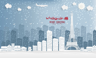 illustration of landscape and concept, winter season with Christmas and Eiffel tower and the city. Vector illustration. design by paper art and digital craft style