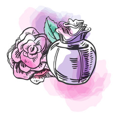 Sketch outline bottle of female perfume with flower and colorful spots. Ink hand drawn illustration