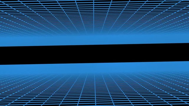 Blue wireframe moving towards camera and rotating 180 degrees.