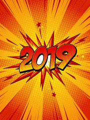 Happy new year 2019 pop art comic festive poster or greetings card with lightning blast and halftone dots.