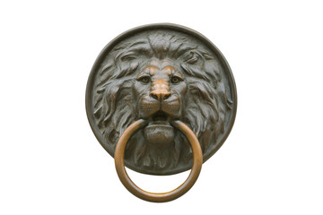 Exterior design element. Metal lion doorknob isolated on white - obrazy, fototapety, plakaty