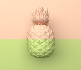 Alone pineapple is divided in half horizontally light green and beige color. Illustration in pastel colors. Tropical exotic fruit isolated on light green and beige pastel background. 3D rendering.