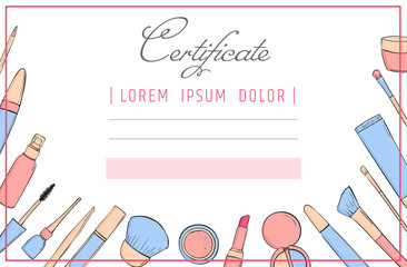 Makeup certificate template. beauty school or refresher courses for beautician. Make up cosmetic diploma.