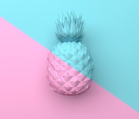 Alone pineapple is divided in half obliquely blue and pink color. Illustration in pastel colors. Tropical exotic fruit isolated on pink and blue pastel background. 3D rendering.