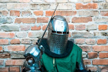 Medieval knight in armor. Head. Helmet.