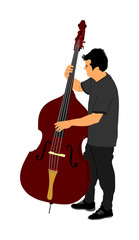 Man on street playing contra-bass vector illustration . Music man with contrabass standing on the concert event. Double bass performer.