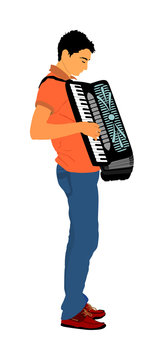 Musician accordion man vector Illustration isolated on white background. Music event on the public. Street performer amusement public.  Music artist. Jazz man. 
