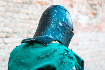 Medieval knight in armor. Head. Helmet.