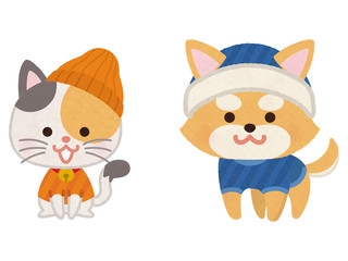 冬服を着た犬と猫