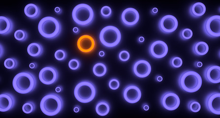 render of group glowing violet torus and one orange. On black background