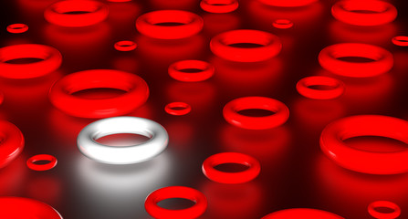 Abstract render of group glowing red torus and one white. On black background
