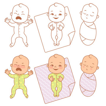 little baby cry, smile, sleep. Nervous baby and after - calm peaceful sleep. How to calm down crying baby, Swaddle baby. Vector illustration .