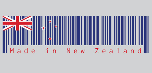 Barcode set the color of New Zealand flag, A Blue Ensign with the Southern Cross of four stars centred on the outer half of the flag. text: Made in New Zealand. concept of sale or business.
