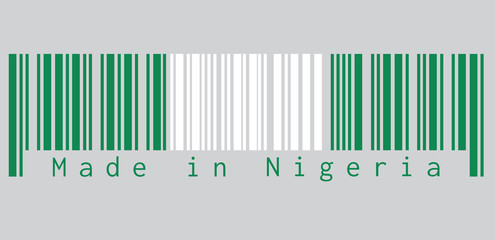Barcode set the color of Nigeria flag, it is A vertical bicolor triband of green, white and green. text: Made in Nigeria. concept of sale or business.