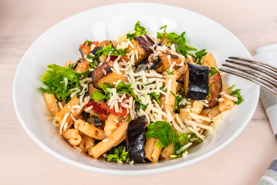 Traditional vegetarian Italian pasta with eggplants - pasta alla norma