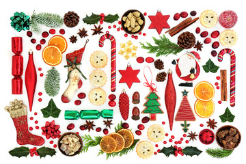 Symbols of Christmas collection with retro and new tree bauble decorations, food, winter flora,...