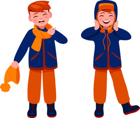 unhappy boy takes off his uncomfortable scarf. and happy boy wearing new comfortable hat