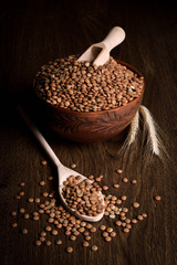 Lentil in a wooden bowl on a wooden background near the ears of wheat. wooden spoon with Lentil
