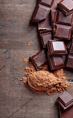 Broken  chocolate pieces and cocoa powder .