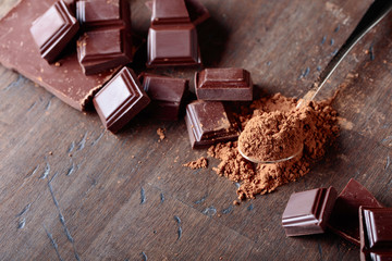 Chocolate pieces and cocoa powder .