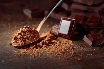 Broken  chocolate pieces and cocoa powder .