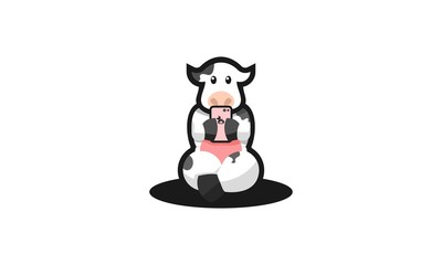 Cute Cow With Smart Phone Logo Vector
