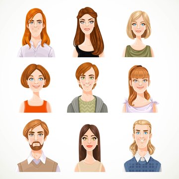 Set of portraits of avatars of cute different women and men isolated on a white background