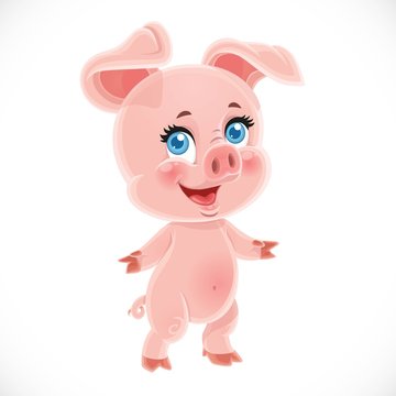 Cute little cartoon baby pig stand on a white background