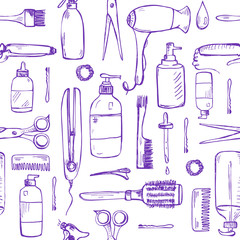 Seamless pattern with hand drawn hare care and styling products