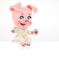 Cute cartoon baby pig with cup of tea sit on big white banner on a white background