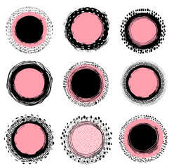 Vector doodle labels in modern grunge style for food and cosmetics packaging design in pink and black colors