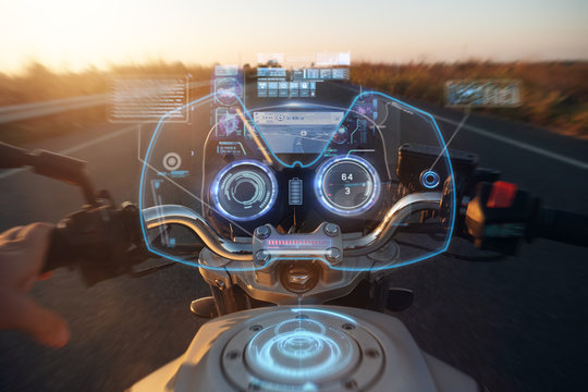 Portrait of a futuristic motorcycle with holograms. Concept: future, technology, travel
